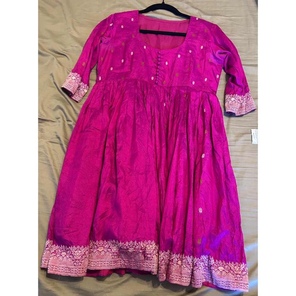 One-of-a-Kind Pure Silk Saree Dress Pink S/M